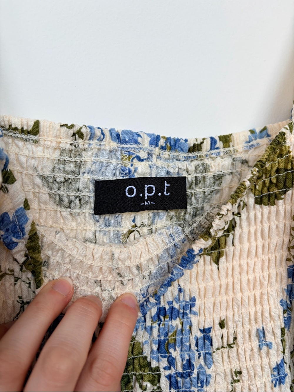 OPT Hydrangea Floral Smocked Square-Neck Midi Dress in Cream and Blue Medium - Picture 2 of 5